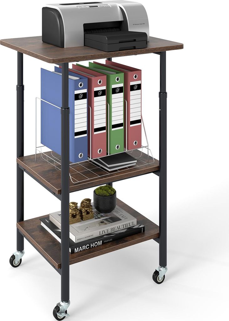 Druckerständer mit Stauraum, 3-stufiger industrieller Druckertisch mit Höhenverstellung, rollbarer Druckerwagen mit feststellbaren Rädern, Braun