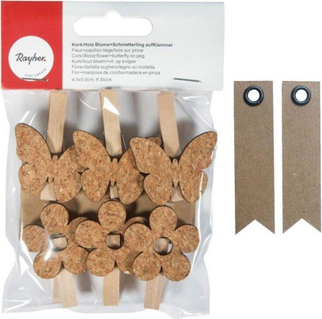 Holz Wäscheklammern x 6 - Kork Blumen & Schmetterlinge + 20 Wimpel Kraft Etiketten