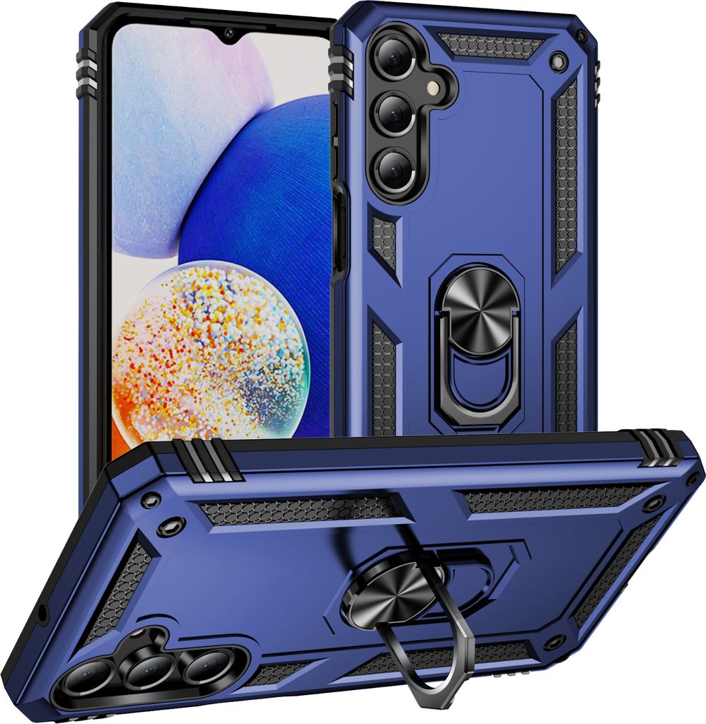 Three views of a blue smartphone case with a ring holder and kickstand.
