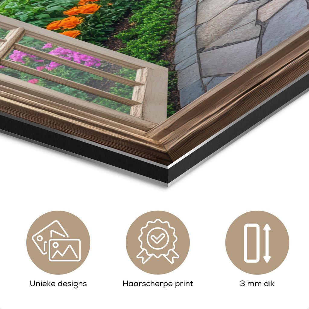 MuchoWow Wanddekoration Metall Metallbild Wandkunst 50x50 cm Aussicht - Blumen - Gartenweg - Natur - Fenster MuchoWow Aluminium Gemälde - Alubild ...