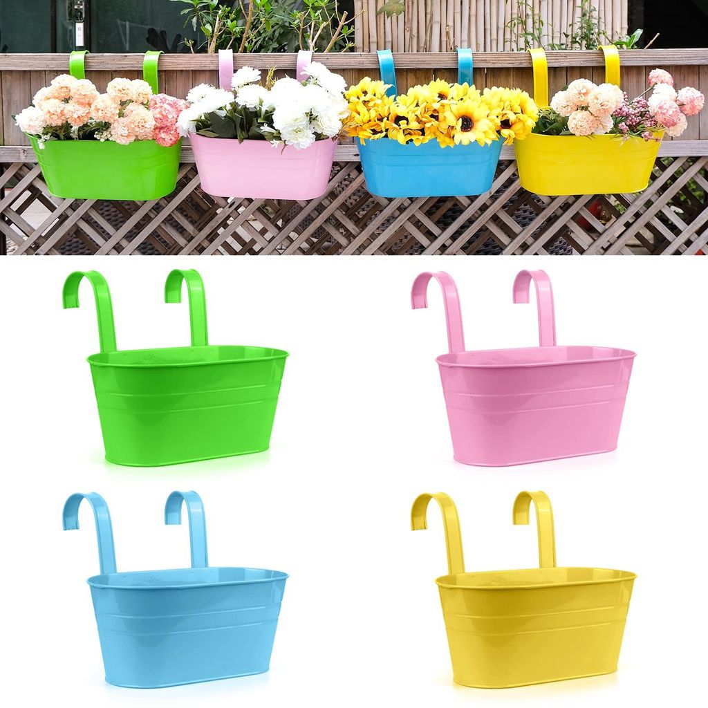 Hängende Blumentöpfe aus Eisen mit abnehmbarem Haken, Gartentöpfe, Balkonpflanzen, Wanddekoration, 4er-Set, Größe L