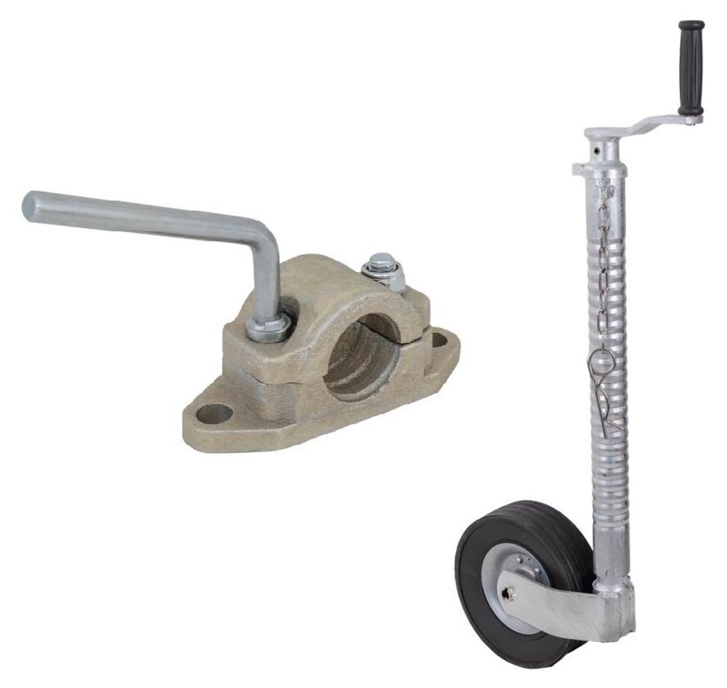 KNOTT Stützrad Set TK48 B48C6 300 kg 48 mm 700 bis 940 mm mit Wellrohr Vollgummirad 220x70 Gusseisenklemme für Anhänger Trailer und Deichsel