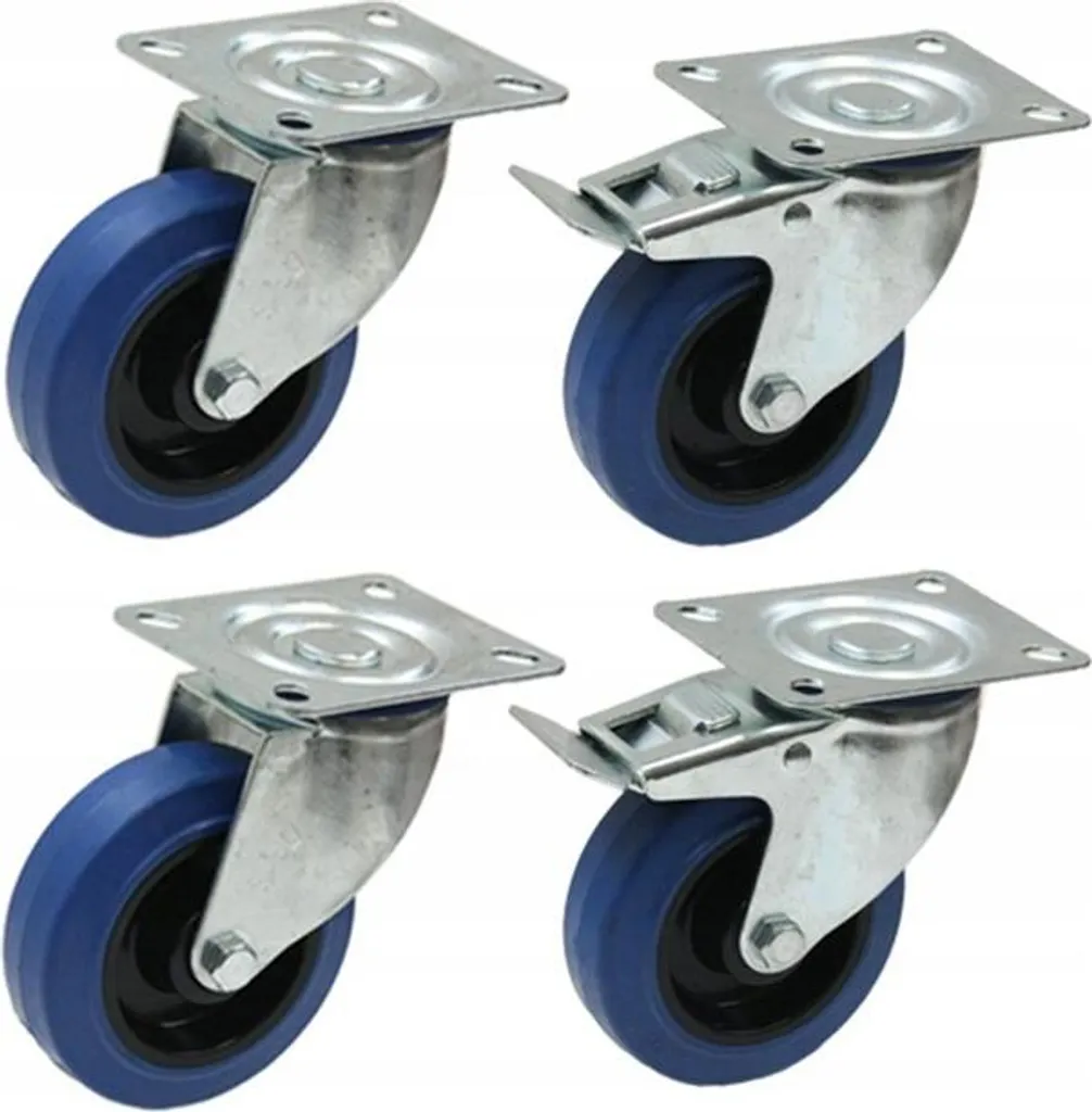 Lot de 4 Roulettes 100mm en Caoutchouc Bleu Pivotantes avec Frein 150kg