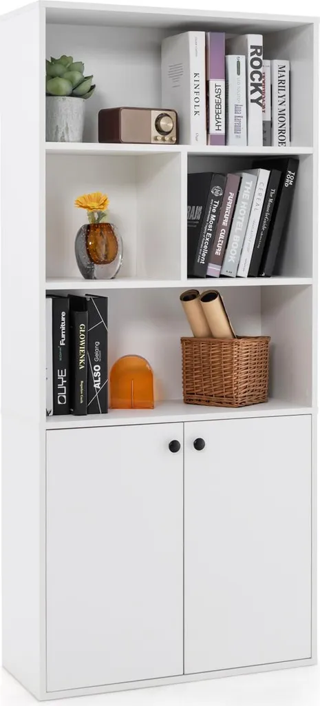 Bibliothèque Blanche 155 cm à Étagères Réglables et Portes Basses
