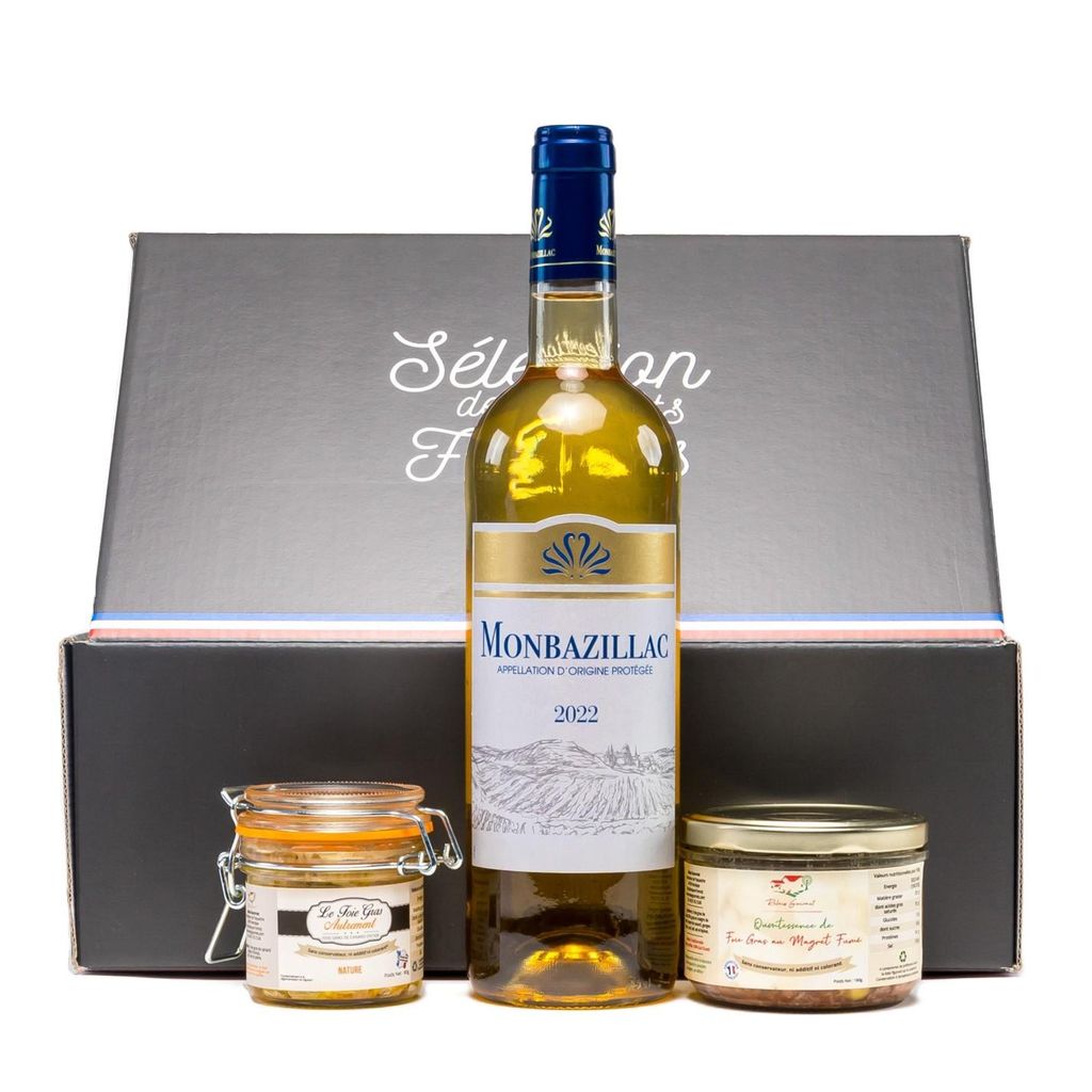 Atxuria Geschenkbox – Foie Gras Naturell & Rauchmagret, Monbazillac Wein | Gourmet Geschenk | Ohne Konservierungsstoffe, Zusatzstoffe und Farbstoffe