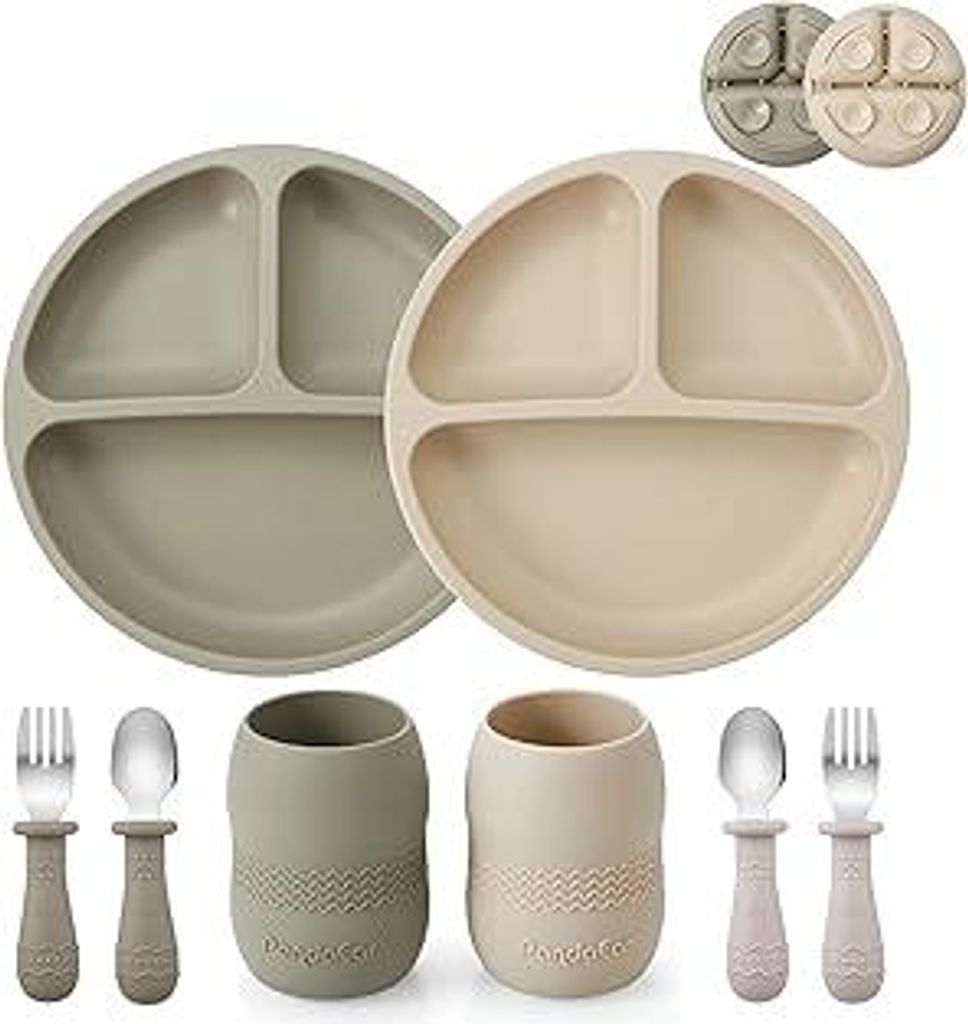 PandaEar Silikon Baby Fütterungsset | 2er Pack Silikon Geteilte Saugplatte und 2er Pack Kleine Tasse mit 2 Löffeln 2 Gabeln | Baby Led Weaning Zu...
