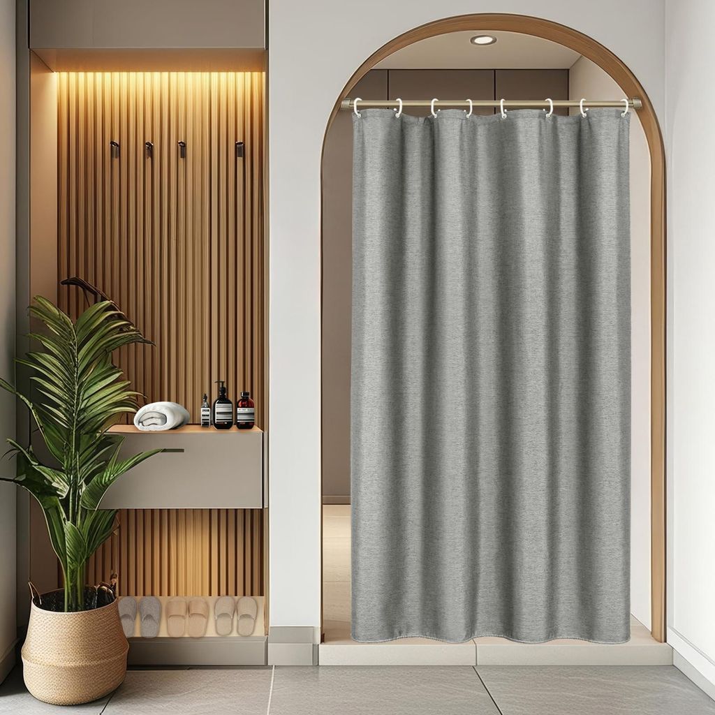 Schmaler Duschvorhang in Leinenoptik, 120 x 200 cm, wasserdichtes Textil, grau, schimmelresistent, waschbar, schwer, r Hotelbadezimmervorhang mit 8...