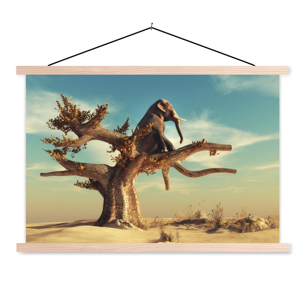 MuchoWow Textilposter Elefant - Baum - Natur - Wüste 60x40 cm mit holzfarbenen Rahmen - Bilder