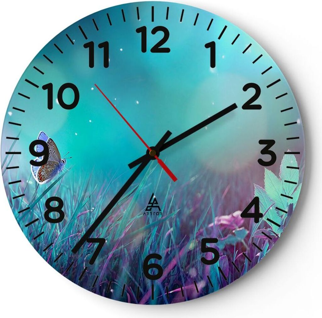 Wanduhr - Rund - Glasuhr - Schmetterling Wiese Blume - 40x40cm - Schleichendes Uhrwerk - Lautlos - zum Aufhängen bereit - Dekoration Modern - Wand...
