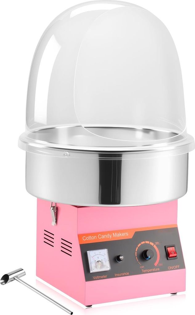 Zuckerwattemaschine - Elektrisches Zuckerwattegerät 1000 W - Edelstahl-Schüssel - Schutzhaube - Zuckerlöffel inklusive - Für Karneval, Geburtst...