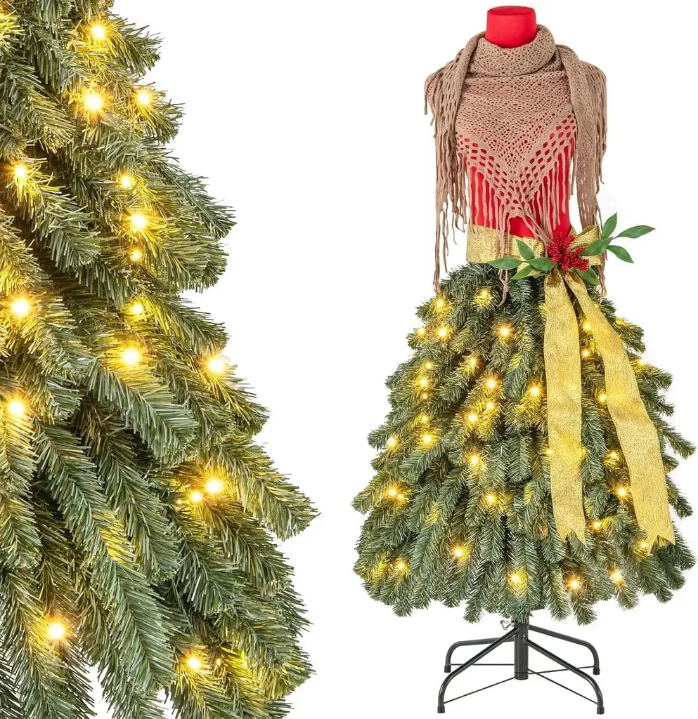 Sapin de Noël 150 cm avec Écharpe Décorative et 100 LED Blanc Chaud