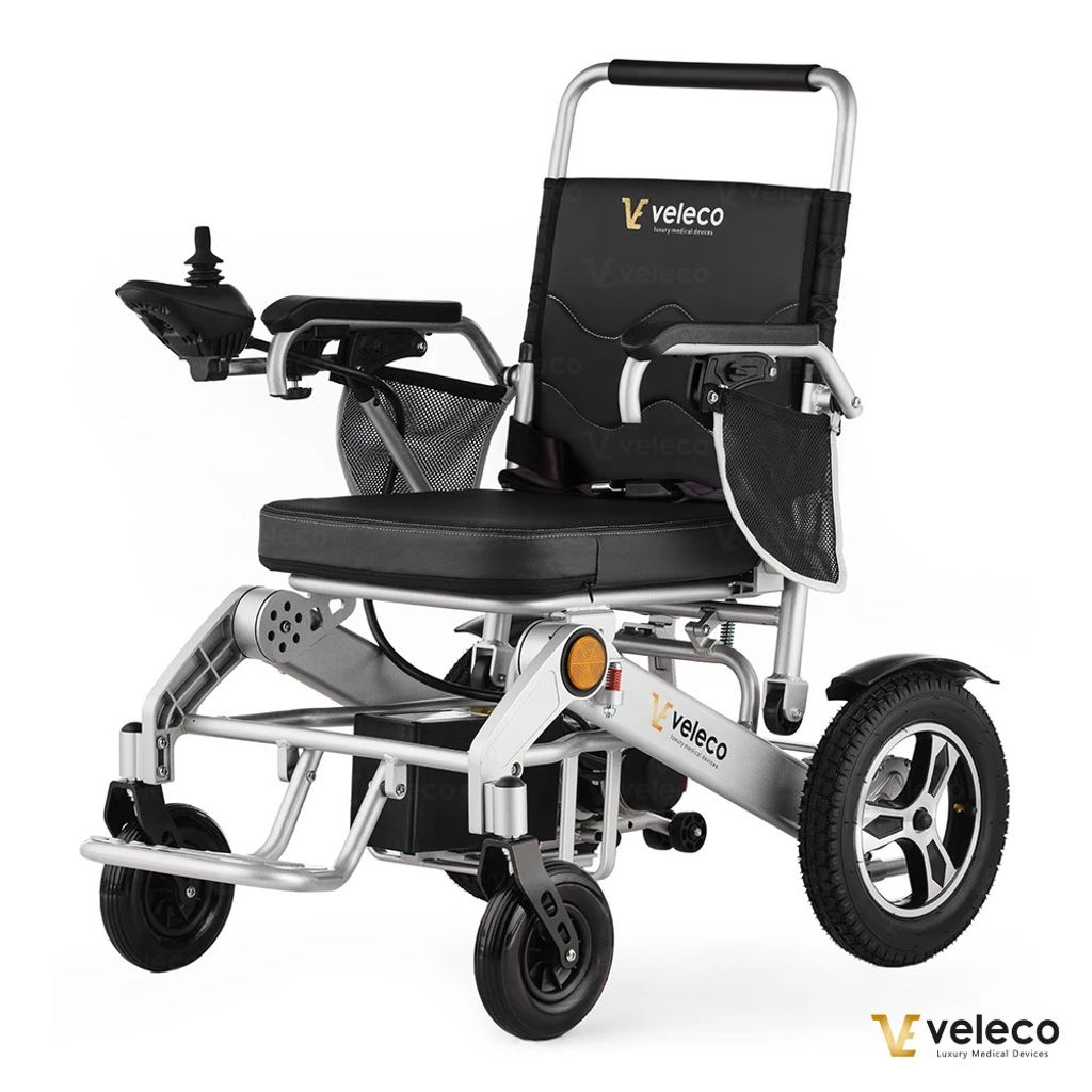 A motorized wheelchair is presented against a plain white background.
