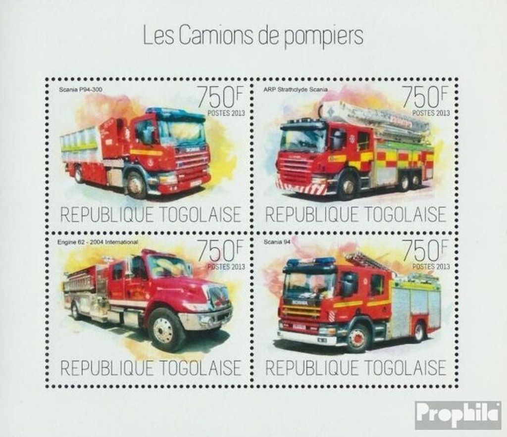 Briefmarken Togo 2013 Mi 5366-5369 Kleinbogen (kompl. Ausgabe) postfrisch Feuerwehrfahrzeuge