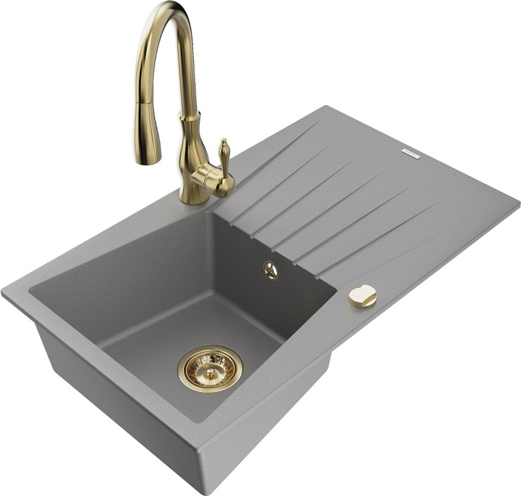 Mexen Cesar 1 Becken-Granitspüle mit Abtropffläche und Mischbatterie Savita, Grau - 6514-71-672601-50