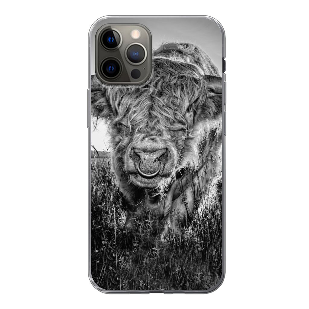 MuchoWow Handyhülle Schutzhülle Hülle für iPhone 12 Pro Schottischer Highlander - Schwarz und Weiß Silikon Softcase Handy Hülle - Abdeckung