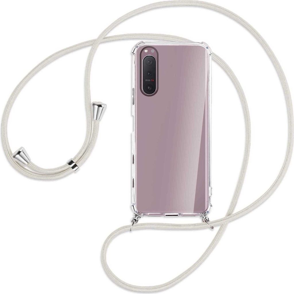 Handykette Backcover-Schutzhülle mit Band (Metall silberfarben) für Sony Xperia 5 II - broken white