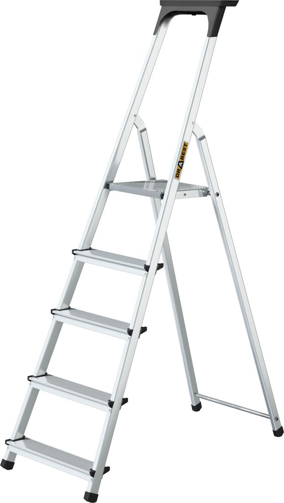 Drabest | Leiter - Haushaltsleiter - Aluminiumleiter - 5 Stufen - Leicht und kompakt - Mit Werkzeugablage - Rutschfeste Stufen - Tragkraft 125 kg