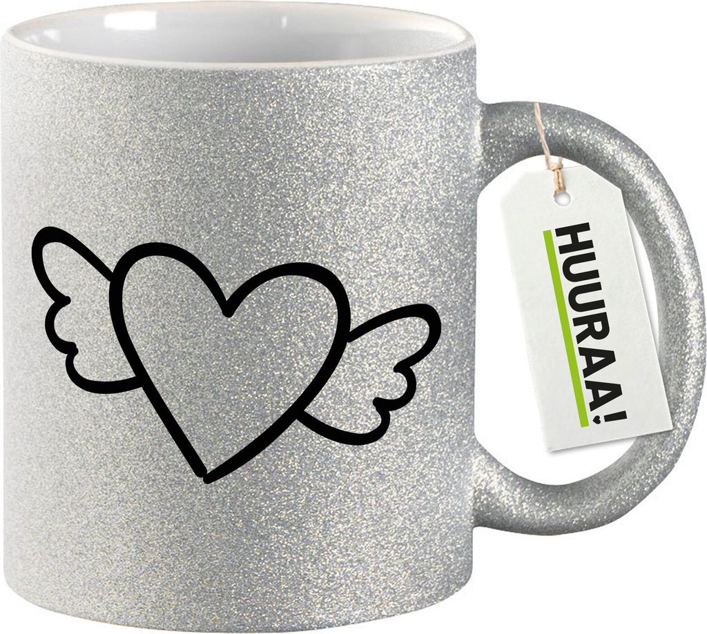 Huuraa Glitzertasse Herz mit Flügeln 330ml Silber Keramik Kaffeebecher Geschenkidee