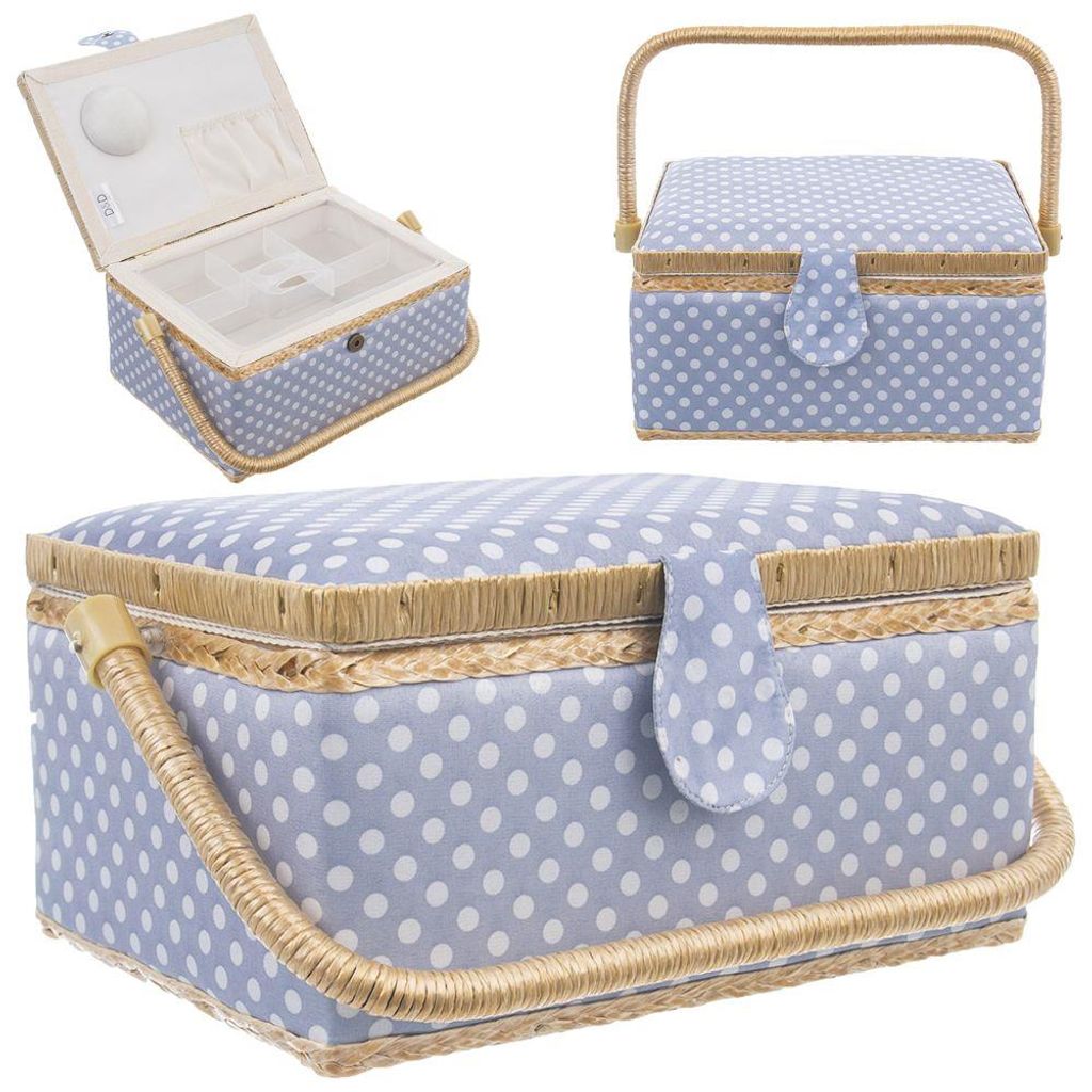 A collage of three images showing a blue and white polka dot sewing basket from different angles.
