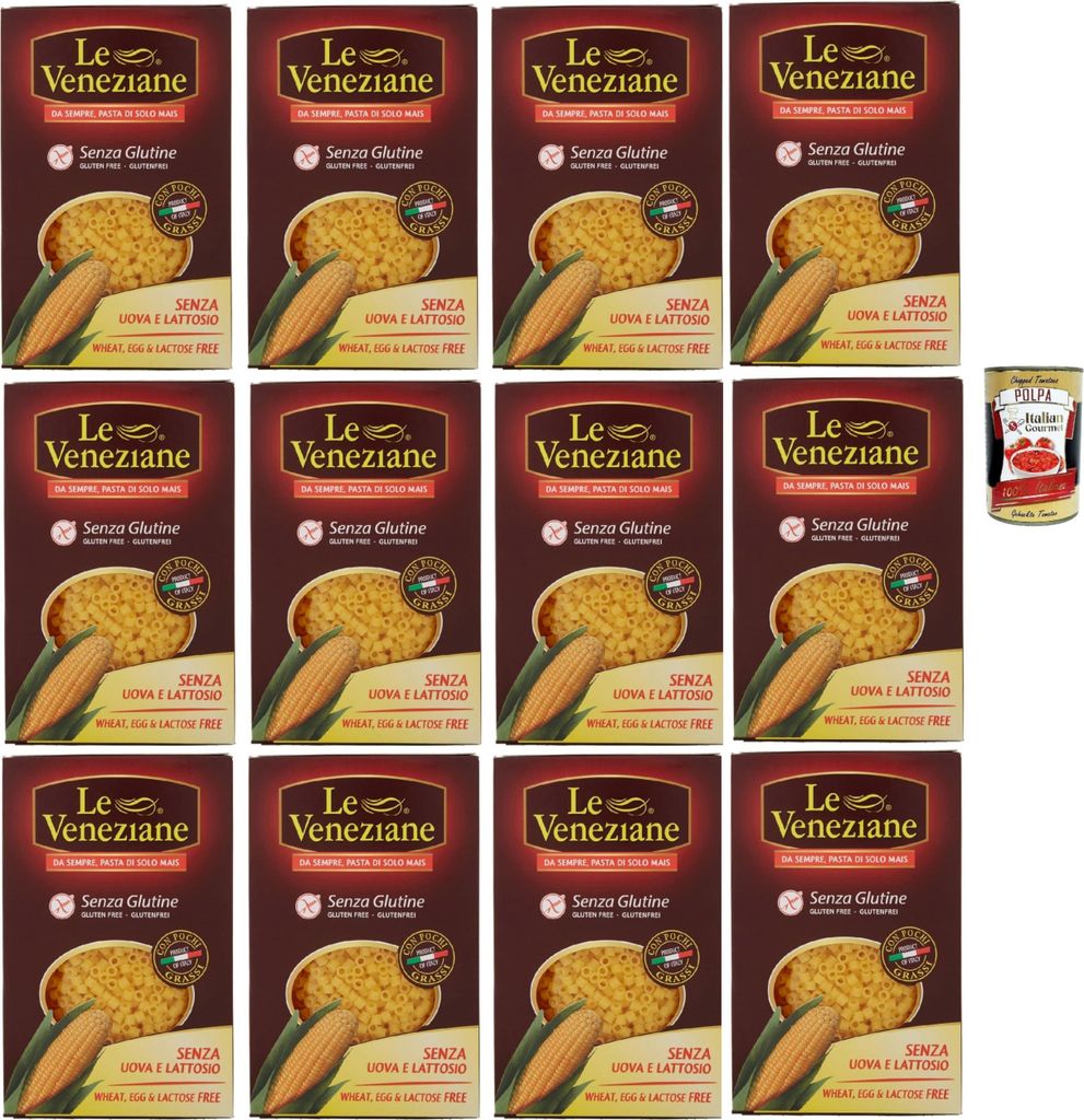 Le Veneziane Pasta di Mais Ditalini, senza glutine,100% italienische Maisnudeln, glutenfrei. gluten free 12x 250g + Italian Gourmet polpa 400g
