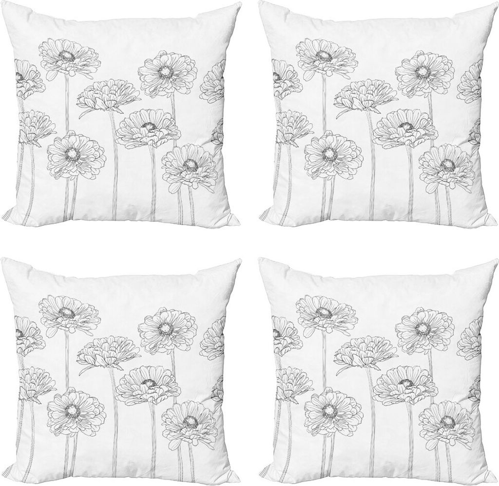 ABAKUHAUS Gerber Daisy Kissenbezug Set (4 Stück), Thin Line-Art-Blumen, Moderner Doppelseitiger Digitaldruck, 45 cm x 45 cm, Charcoal Grau Weiß