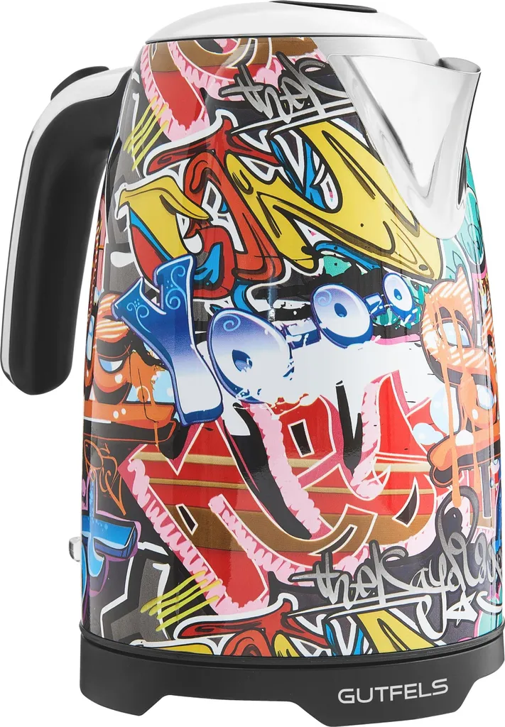 Bollitore elettrico Gutfels WATER 3010 G | Stile Graffiti | 1,7 litri | 2200 watt | Base a 360 gradi | Indicatore del livello dell'acqua | Protezione contro il surriscaldamento e l'ebollizione a secco | Filtro integrato | Interruttore illuminato