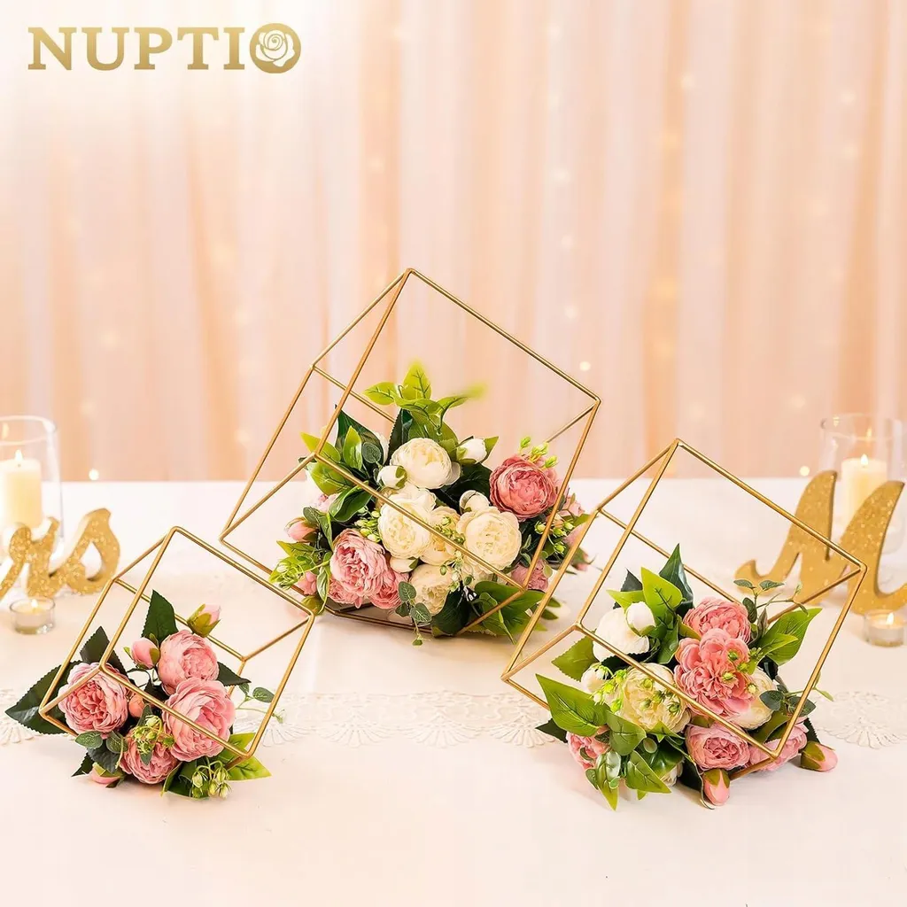 Support de fleurs géométrique en métal doré pour décoration de table