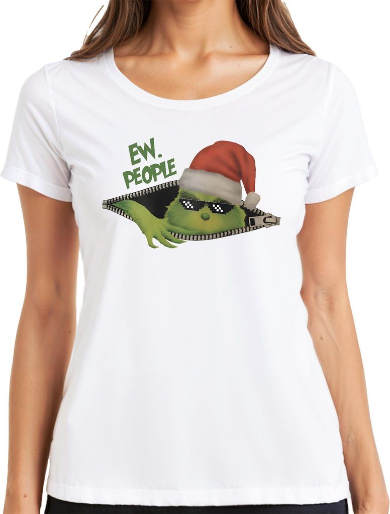 EW PEOPLE Weihnachtsmuffel grün Pixel Sonnenbrille Reißverschluss Damen T-Shirt, Weiß, L