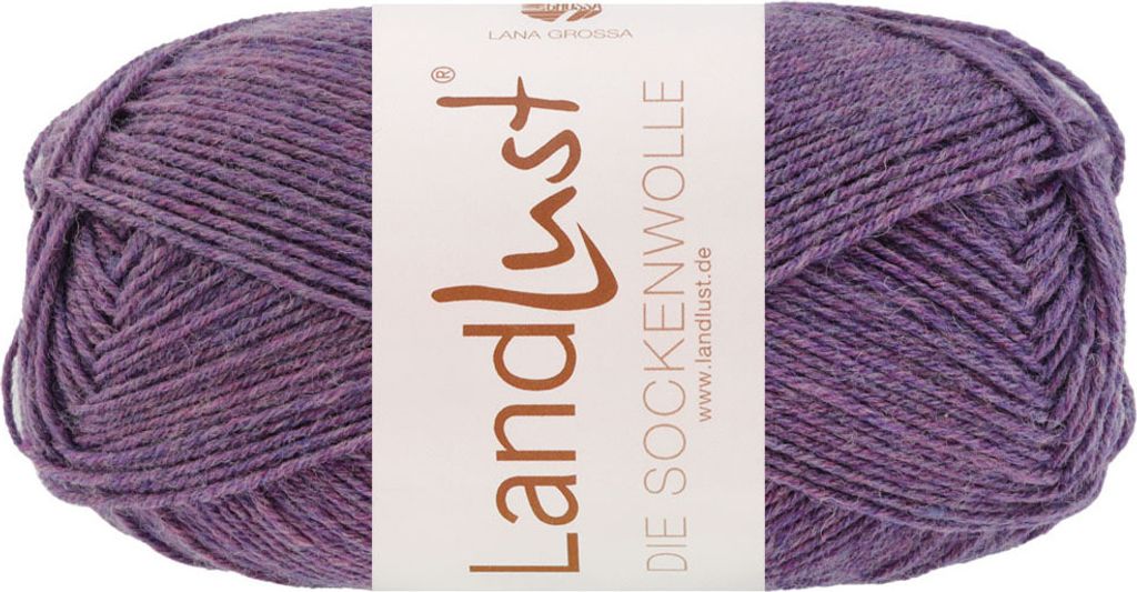 A ball of purple and gray mélange yarn with a label.