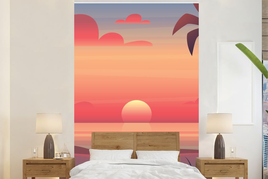 MuchoWow Fototapete für Wohnzimmer oder Schlafzimmer Wandtapete Vinyl Motivtapete Strand - Retro - Meer - 160x240 cm - Vinyltapete