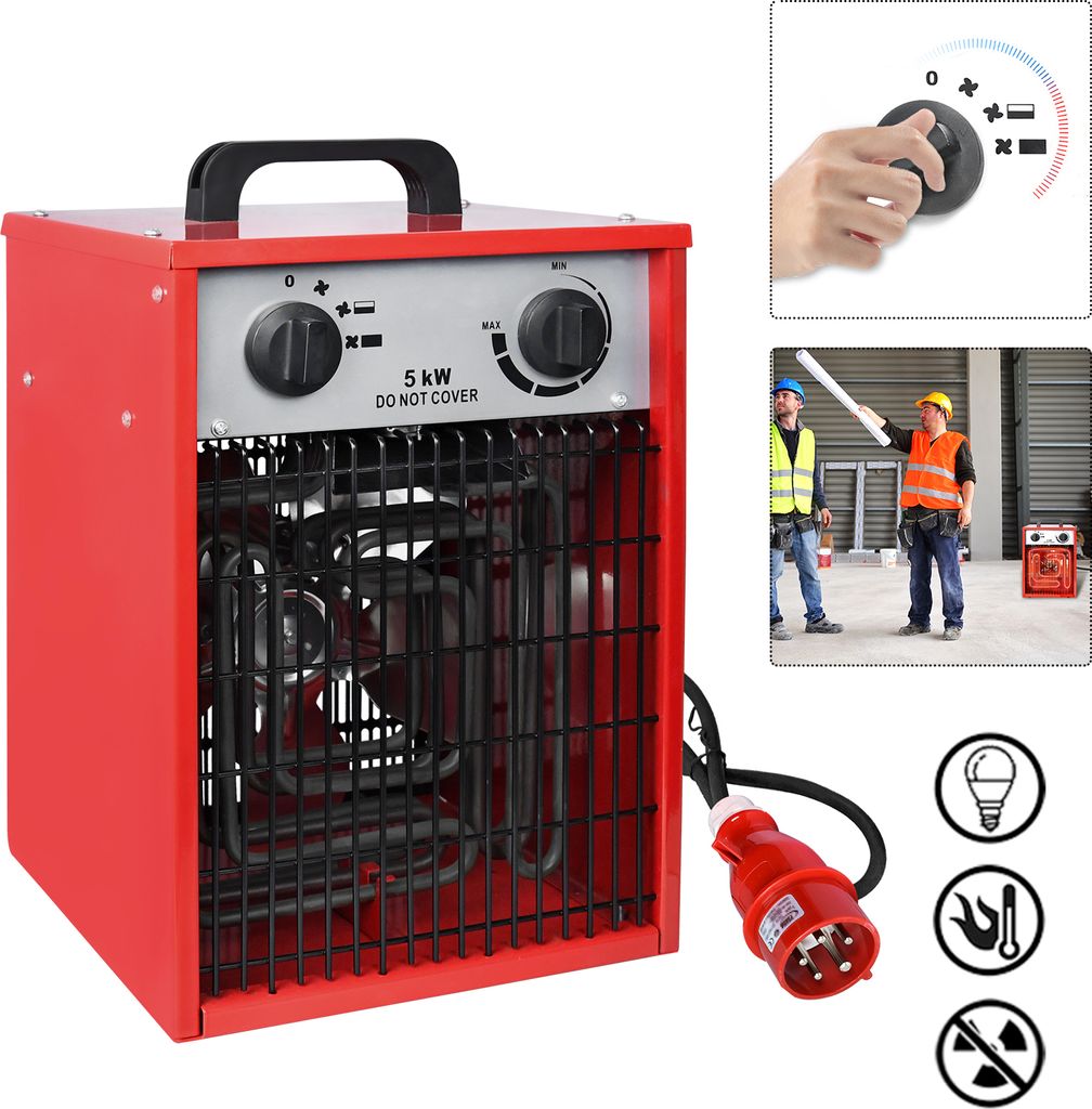 A collage of images showing a red electric heater, close-ups of its controls, people working on a construction site, and safety icons.
