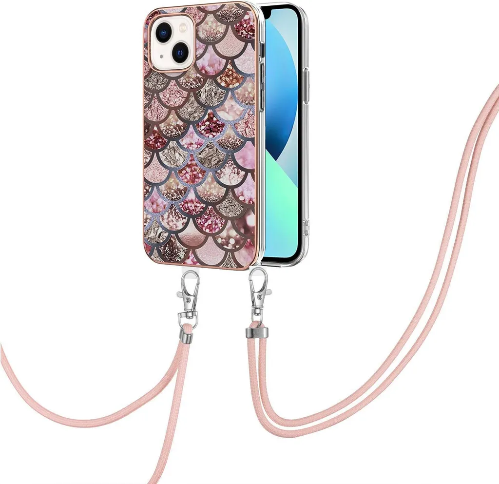 Custodia con cinturino per iPhone 14 Plus, custodia in TPU a fantasia con cinturino regolabile Caffè