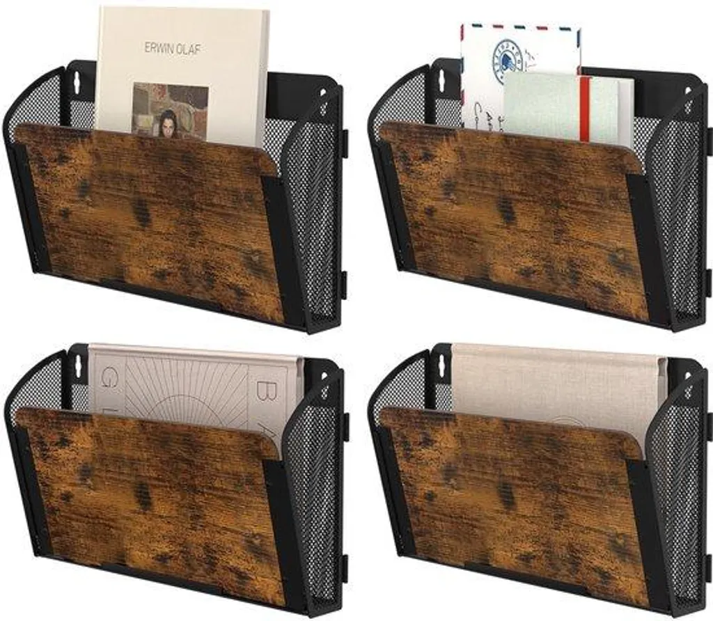 Porte-documents mural 4 compartiments en bois et métal noir 35x40cm