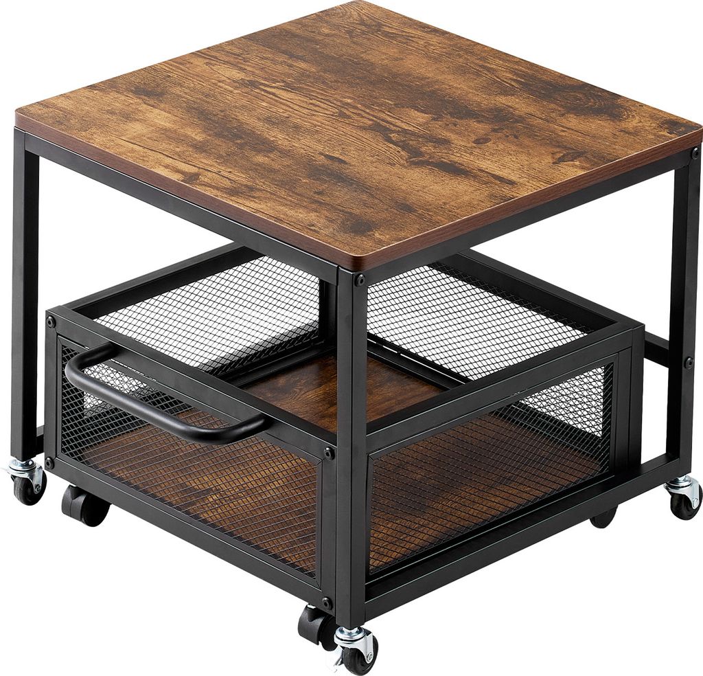 A square side table with a wood-grain top and a mesh basket shelf below, all supported by a black metal frame with casters.