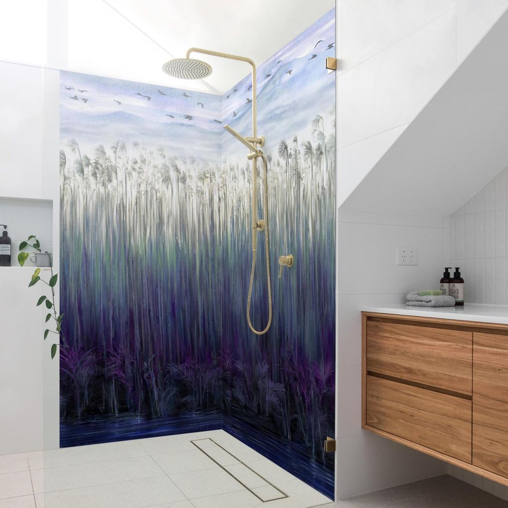 Duschrückwand Natur selbstklebend - 0.35 mm Wandpaneel wasserfest Gräser blau Vintage Badrückwand fugenlos Smart matt 110x190 cm