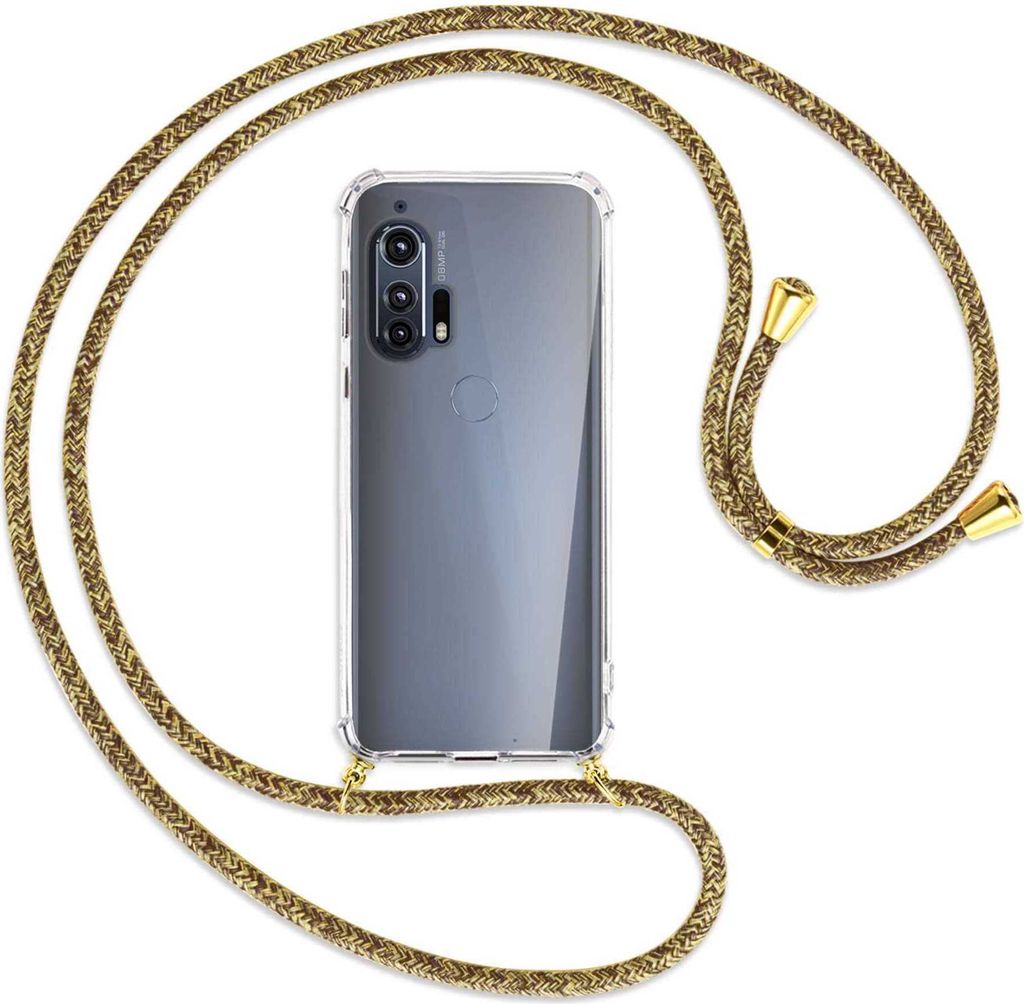 Handykette Backcover-Schutzhülle mit Band (Metall goldfarben) für Motorola Edge Plus - braun+beige