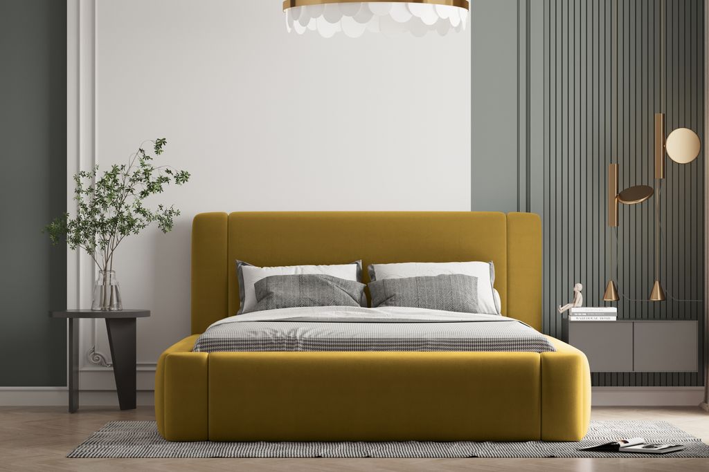 Polsterbett OLAF 120 x 200 mit Matratze, Bettkasten und Lattenrost. Farbe: Gold