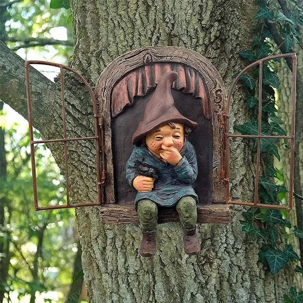 Gartenskulpturen – Gnom, baumumarmender Elf, Resin, für Miniatuergarten, Außen, 1 Stück