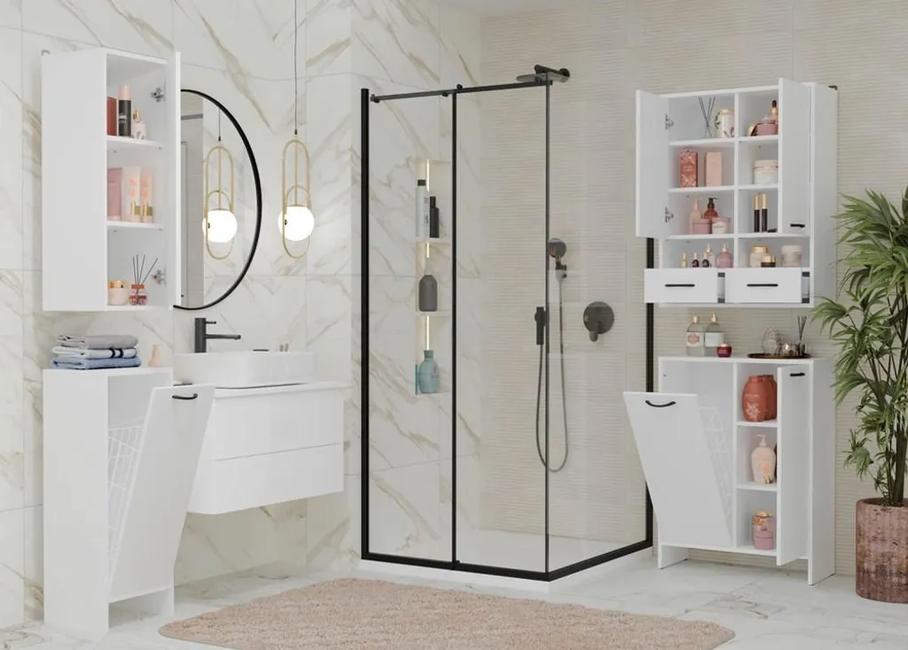 Mobile Colonna Bagno NINA 1K1D: 3 Ripiani e Cesto Bucato Bianco - 4