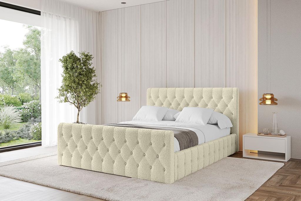 ALTDECOR Polsterbett mit Bettkasten - LARO-Z 160x200 Beige - Bett mit Matratze H3/H4, Kopfteil und Fußteil, Boxbett, Doppelbett mit Stauraum
