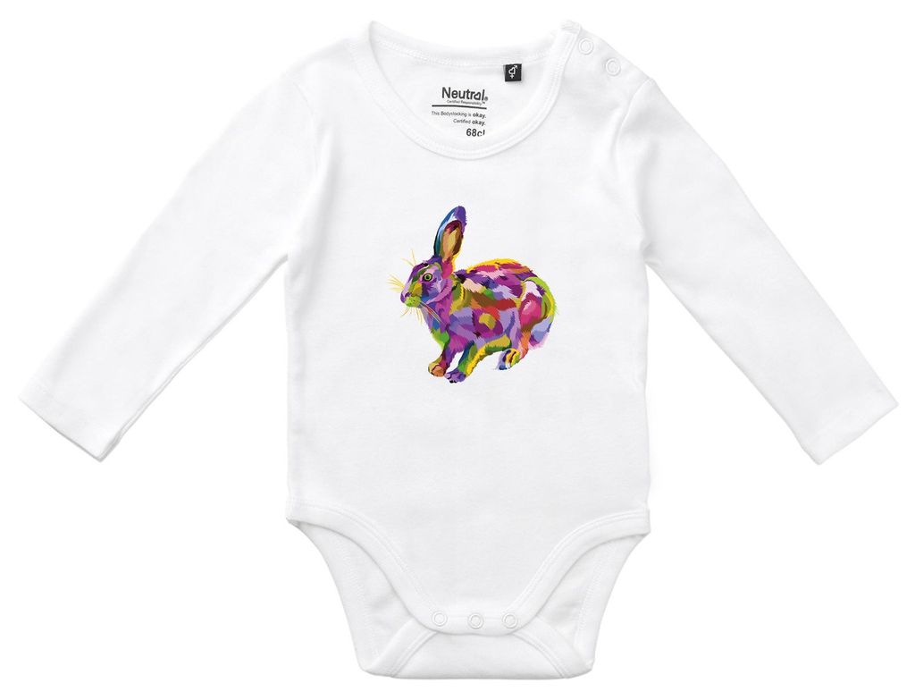 Huuraa Baby Body Hase Colorful 68 White Baumwolle Fairtrade Langarmbody Geschenkidee