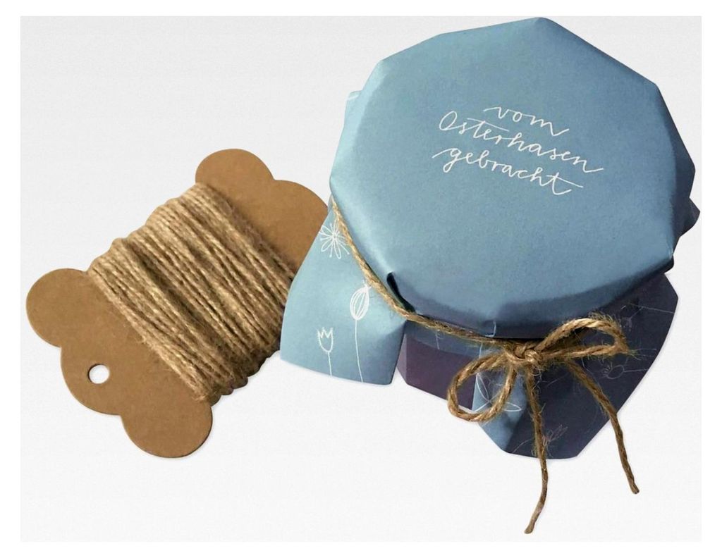 25 Marmeladendeckchen - für Marmelade, Marmeladengläser & Einmachgläser, aus Recyclingpapier mit Abreißblock + 10 m Jute Garn + Justiergummi