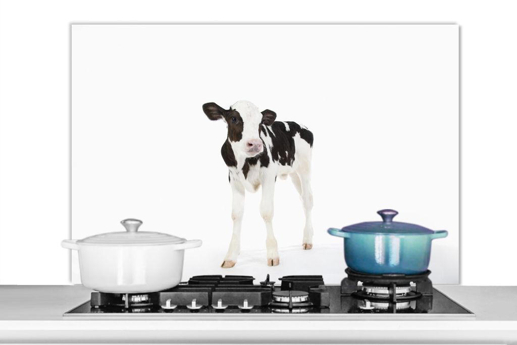 KitchenYeah Spritzschutz Küche - Küchenrückwand - Wandschutz für Herd und Spüle - Kuh - Kalb - Weiß - Tiere 100x65 - Alu-Dibond (Alternati...