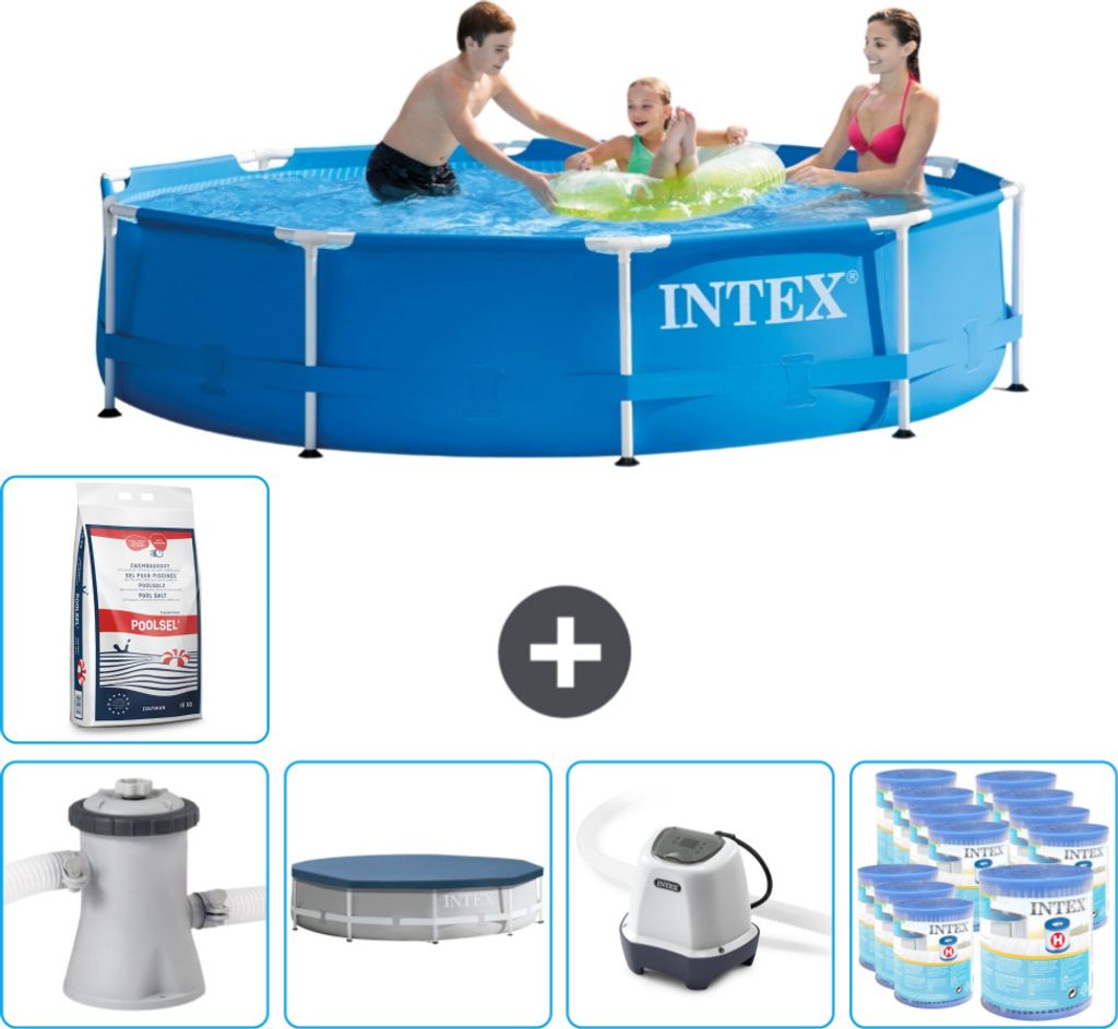 Intex Rundrahmen-Schwimmbecken – 305 x 76 cm – Blau – inklusive Pumpe Abdeckung - Salzwassersystem - Filter - Poolsalz