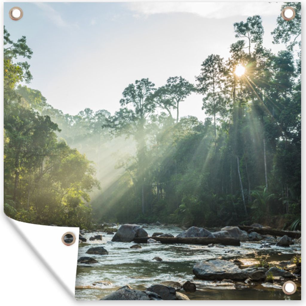 MuchoWow 50x50 cm Outdoor-Poster Gartendeko Sichtschutz Garten Poster für den Garten Die Sonne scheint auf einen Fluss in einem malaysischen Wald