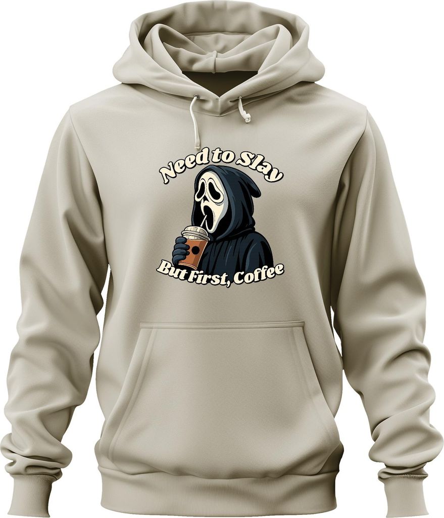 But First Coffee Sensenmann Halloween Kaffee Gothic Lustig Grusel Uni Hoodie Kapuzenpullover, Natur, 3XL