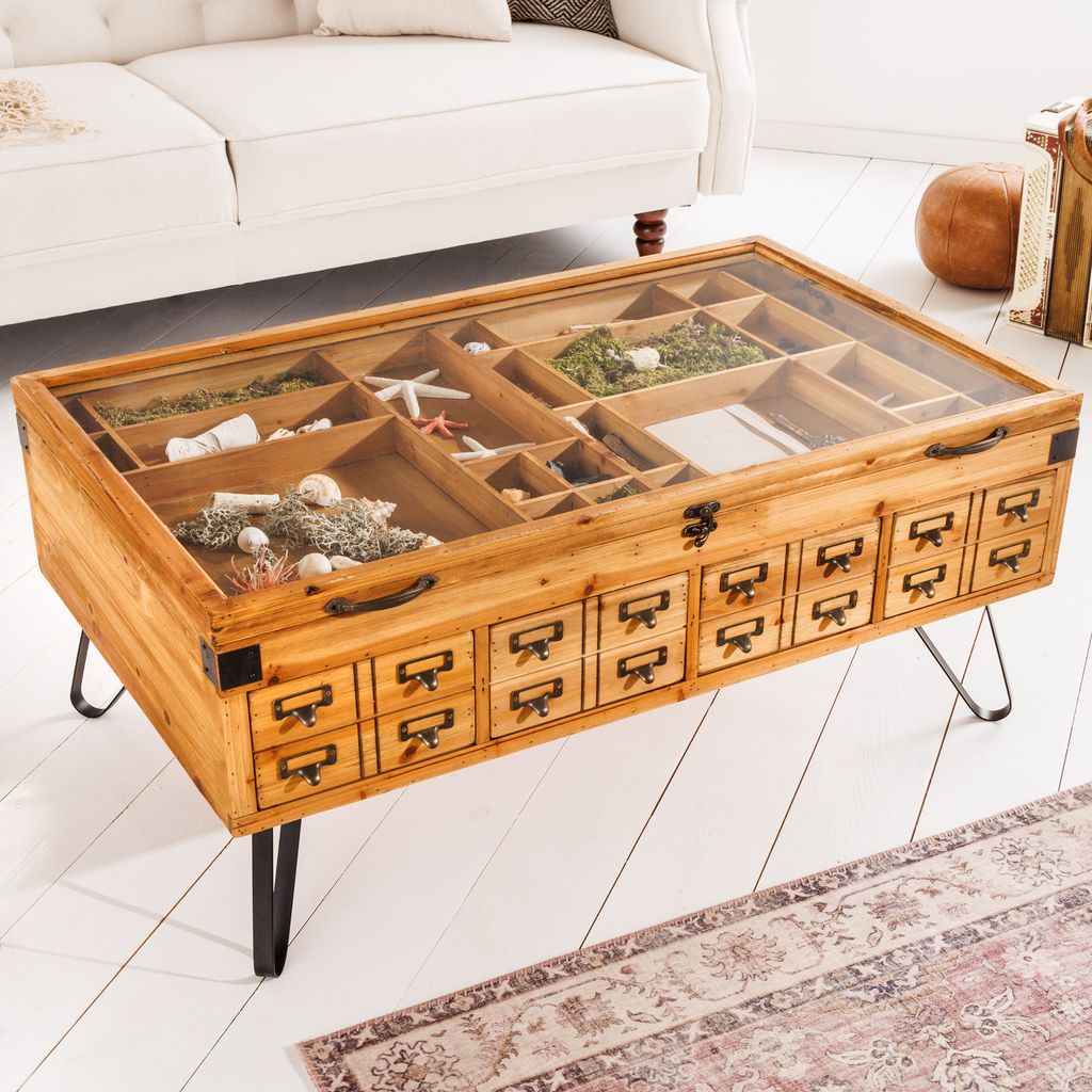 riess-ambiente Vintage Couchtisch SEVEN SEAS 100cm natur Pinie Massivholz Glas Hairpin Legs mit Stauraum Beistelltisch Tisch