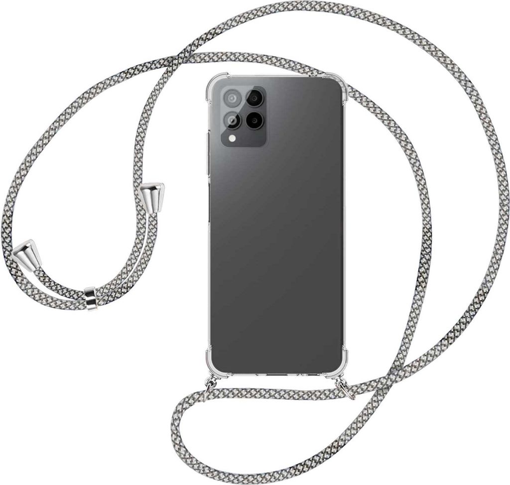 Handykette Backcover-Schutzhülle mit Band (Metall silberfarben) für Telekom T Phone Pro, T-Mobile Revvl 6 PRO 5G - weiß/grau kariert