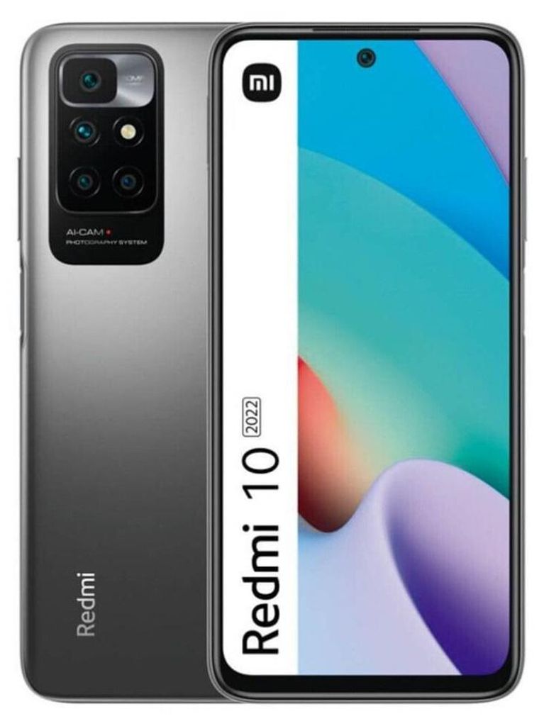 A product shot of a Xiaomi Redmi 10 2022 smartphone, shown from the back and front.