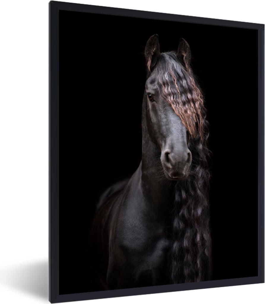 MuchoWow Gerahmtes Poster Pferde - Friesisch - Mähne - Schwarz - Tiere 60x80 cm - Poster mit Schwarzem Bilderrahmen Wandposter Rahmen Foto Bilde...
